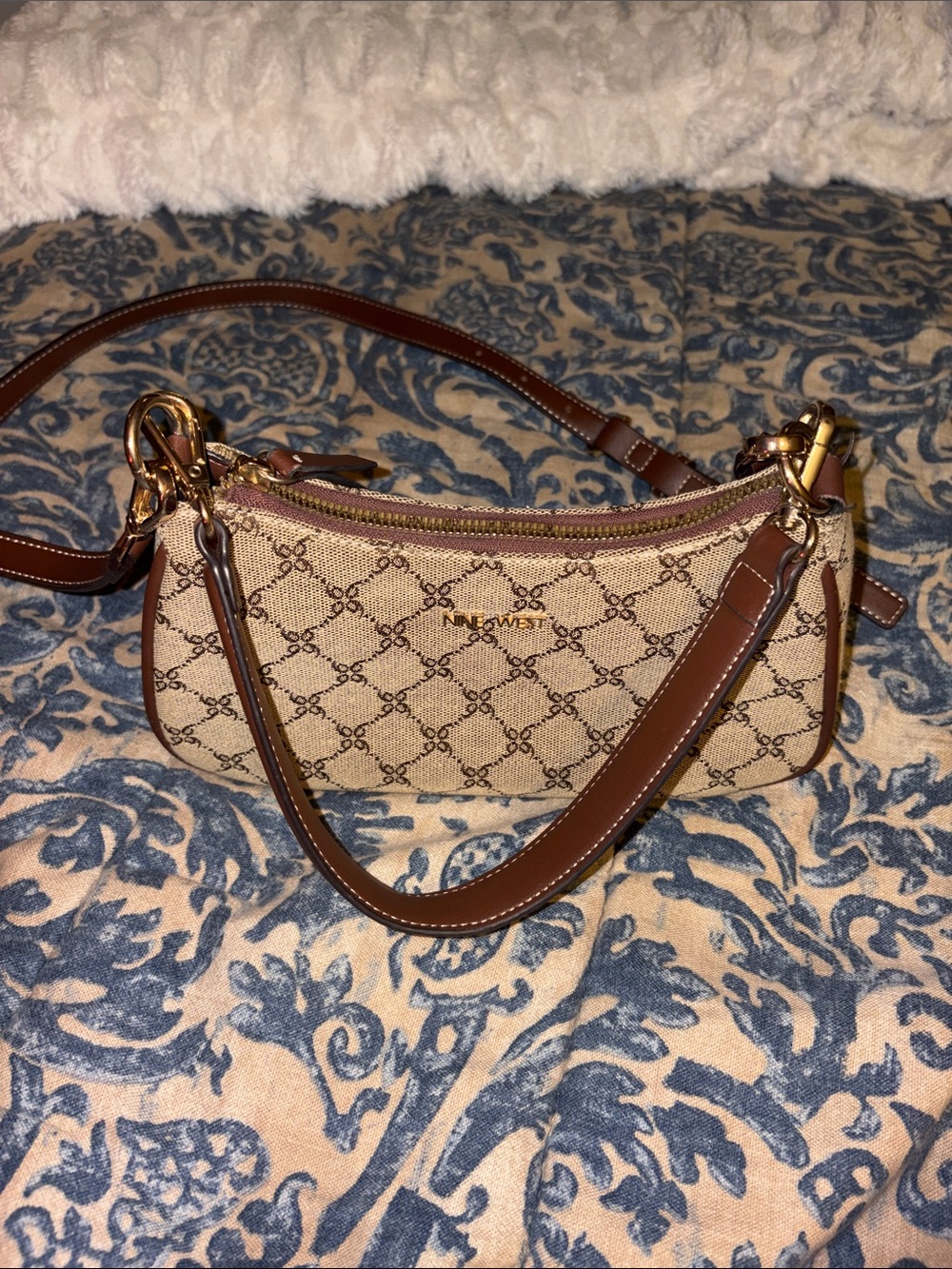 Nine West Beige and Brown Monogram Mini Shoulder Bag